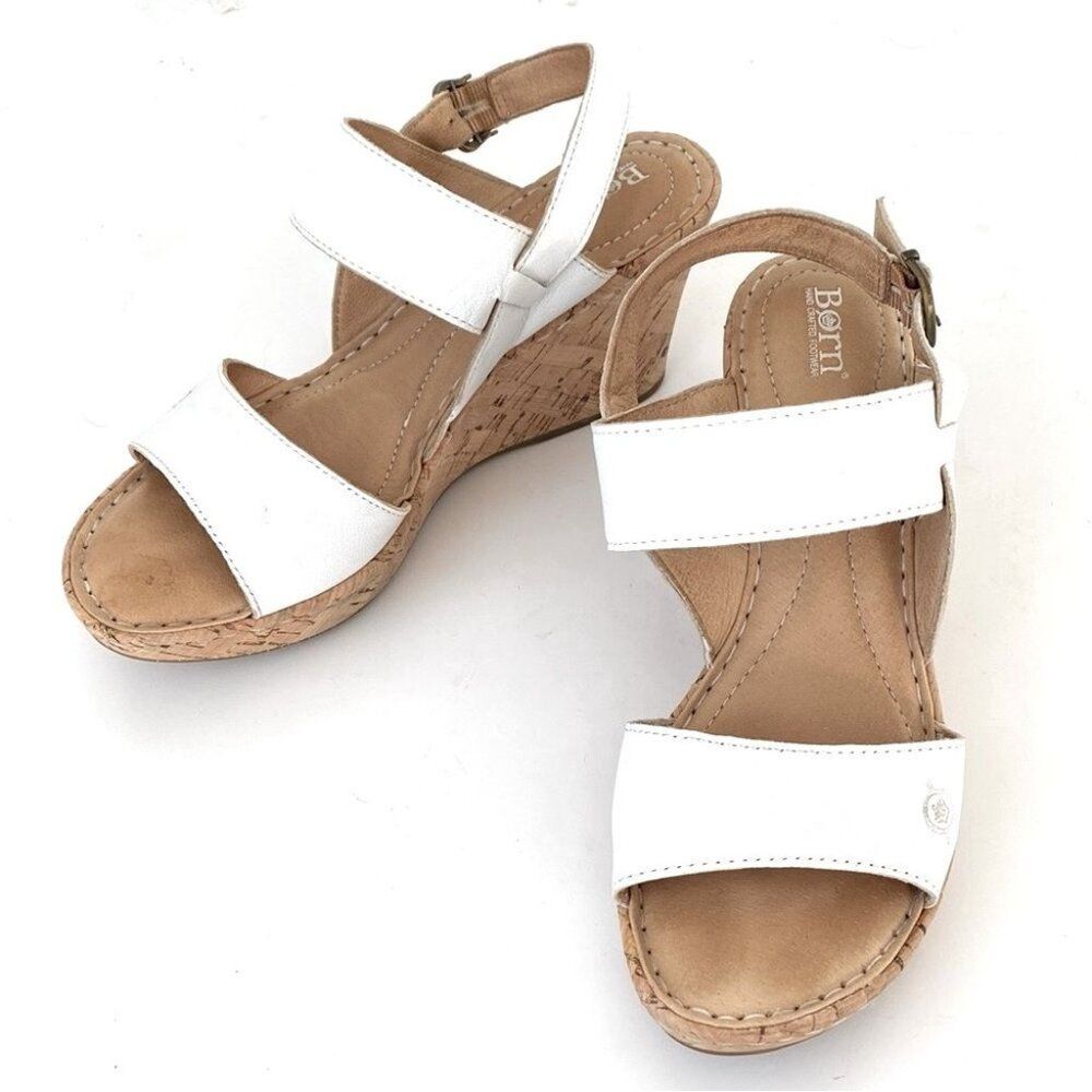 Born White Leather Cork Wedge Sandals - Picture 2 of 16